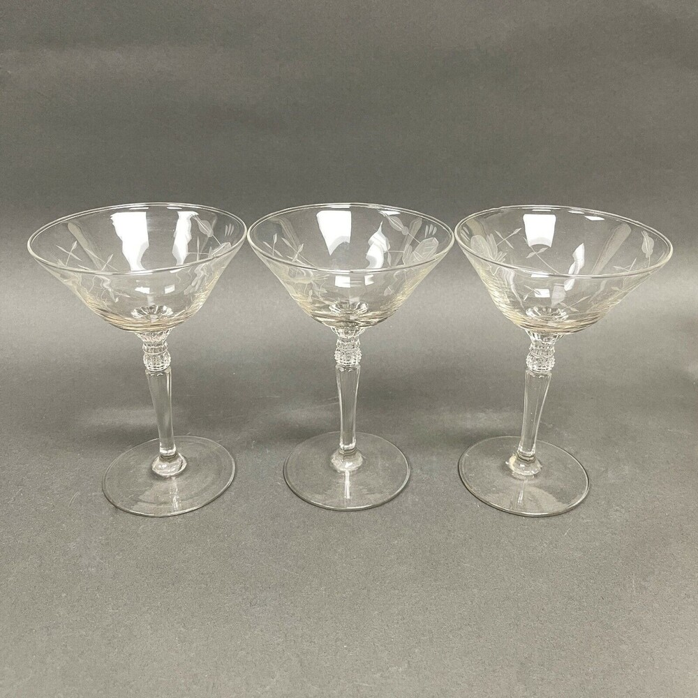 Vintage Wine Glass Glasses Clear Etched Roses Floral 6"‎ High Lot of 3
